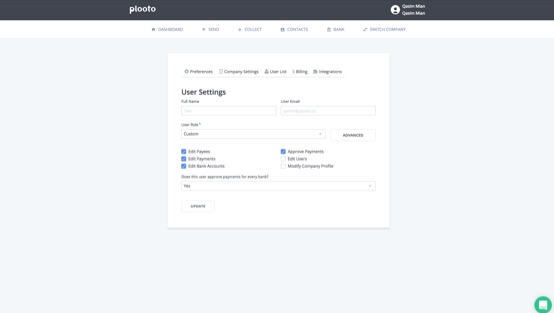 Automate sending and receiving payments online with a Plooto workflow. Seamlessly integrates with QBO.  Dual stage authorization.