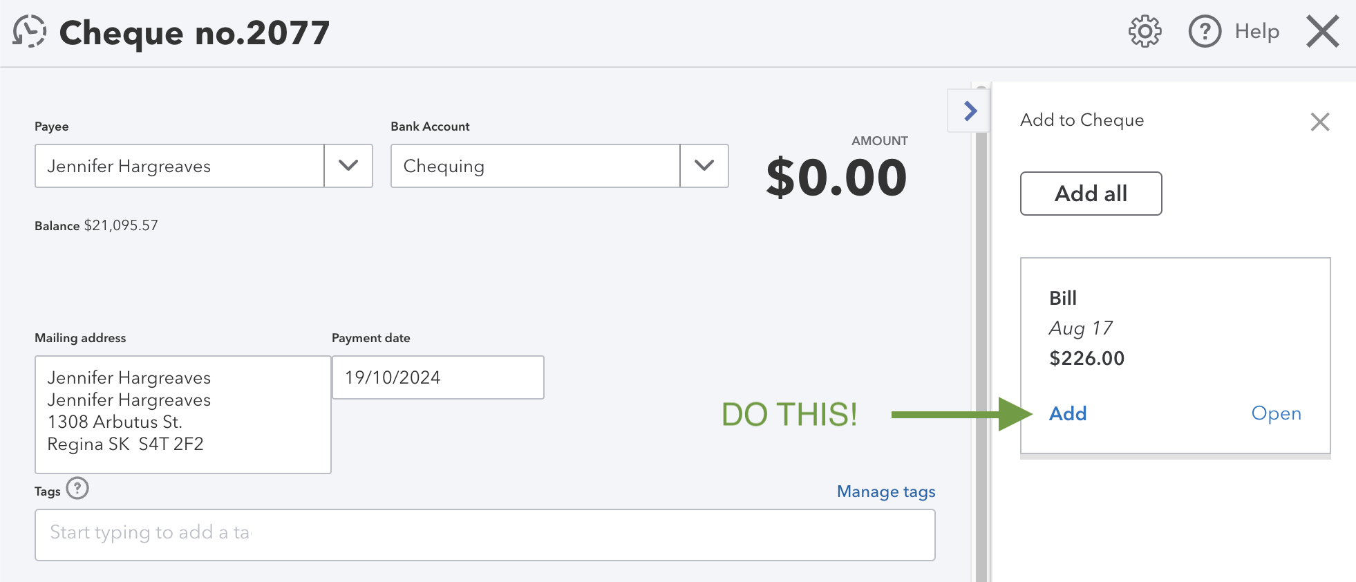 QBO Create Cheque Cheque Screen - Do this