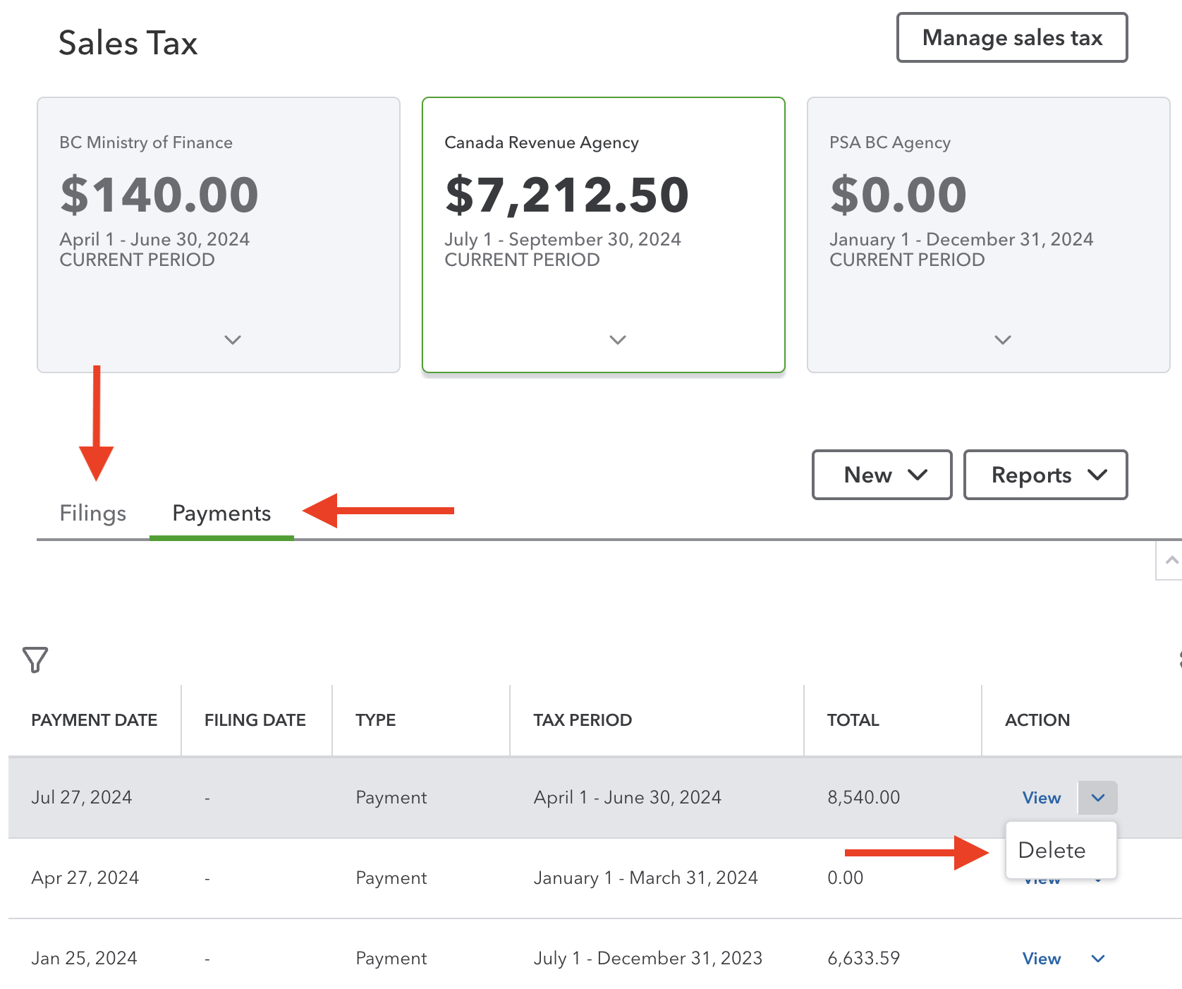 QBO Where to delete a sales tax payment