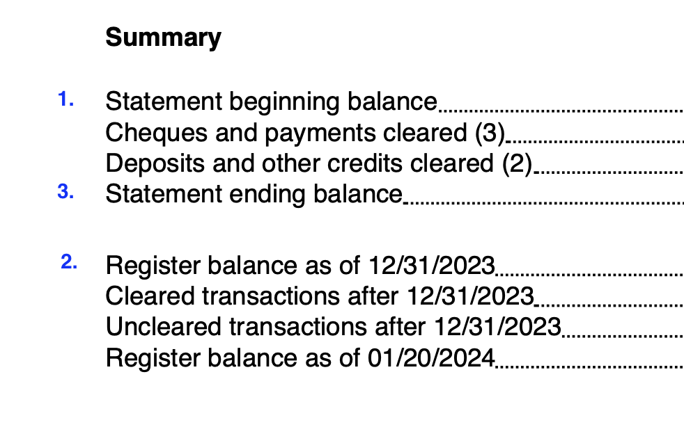 Bank Reconciliation Summary