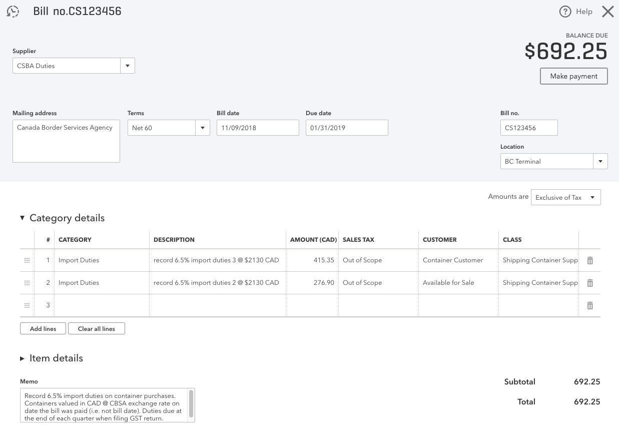 CBSA Duties and GST Payable | Learning QuickBooks