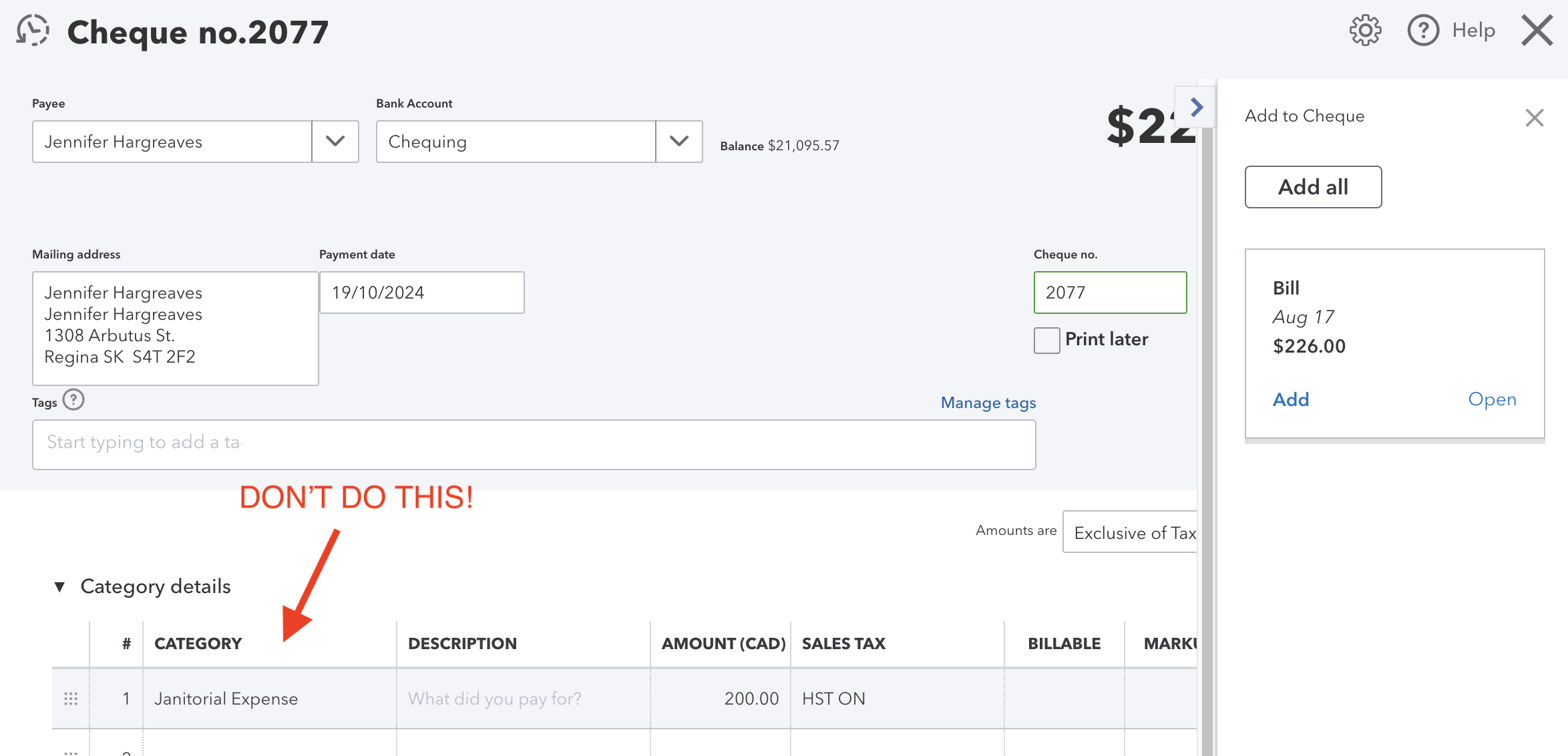 QBO Create Cheque Cheque Screen - Not this