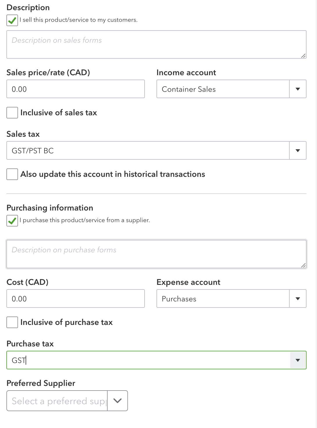 QBO products setup default sales tax codes